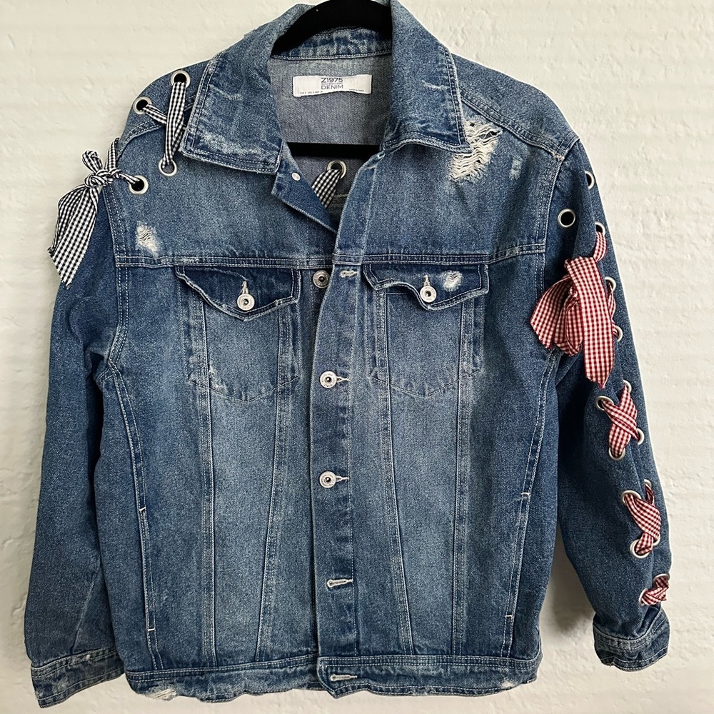 Zara Light Blue Denim Jacket‎ with Ribbons